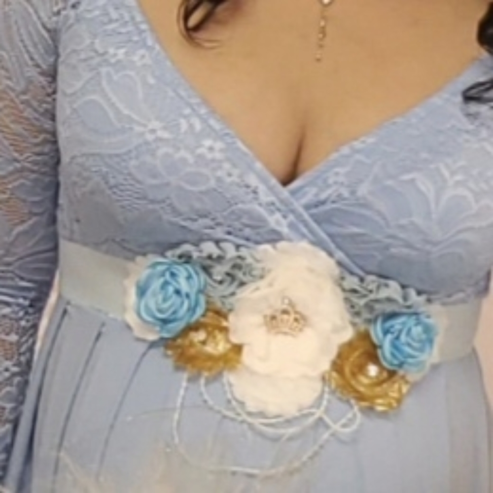 Baby Shower Sash Maternity Floral Sash Gold And Light Blue With Crown On Center